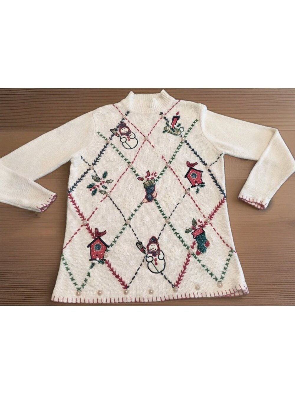 Victoria Jones Vintage Christmas Embroidered Sweater Cream Holiday Knit Size M